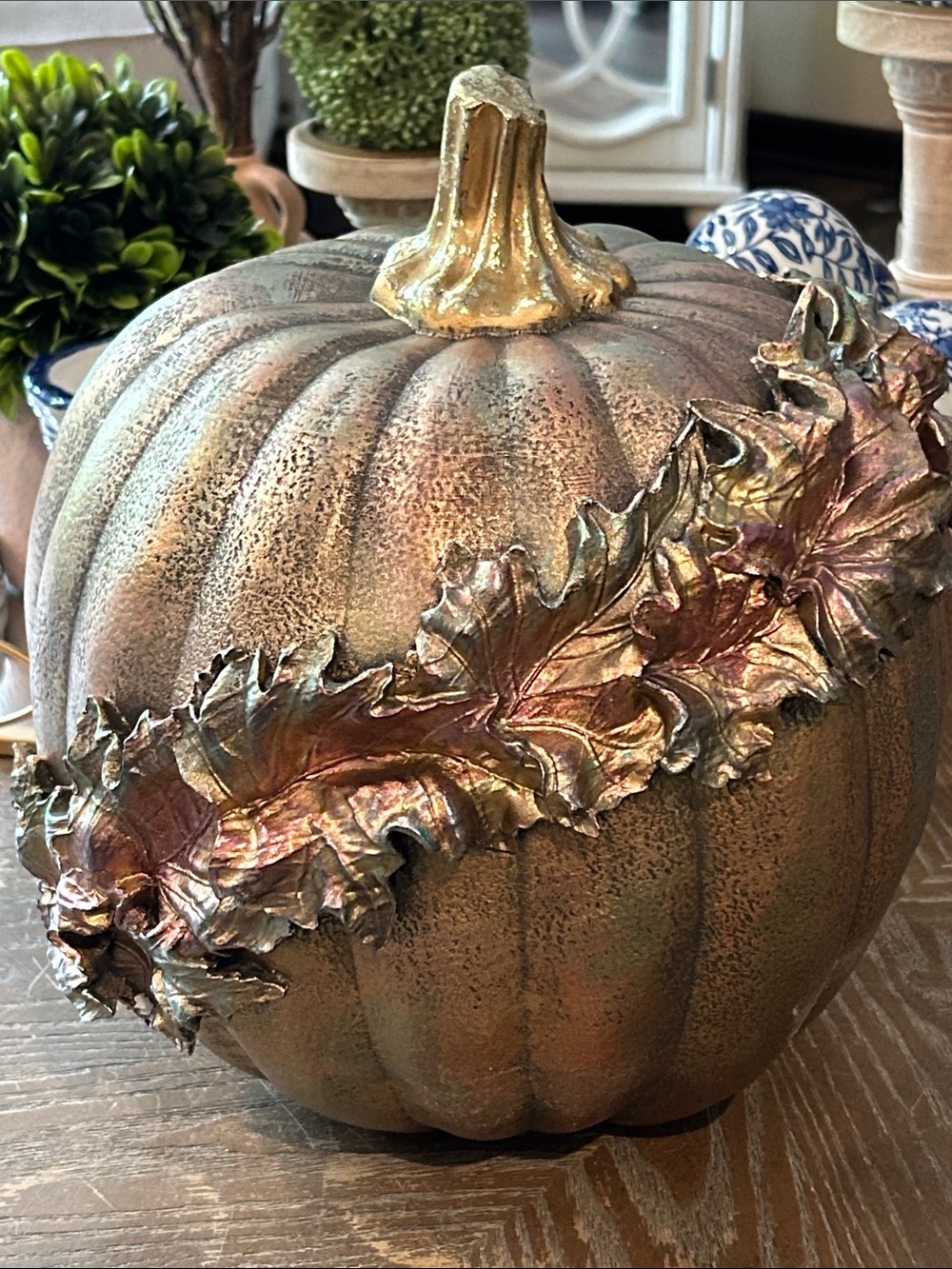 NEW! Shabby Chic Vintage Inspired Fall Autumn Leaf Metallic Gold Bronze Pumpkin